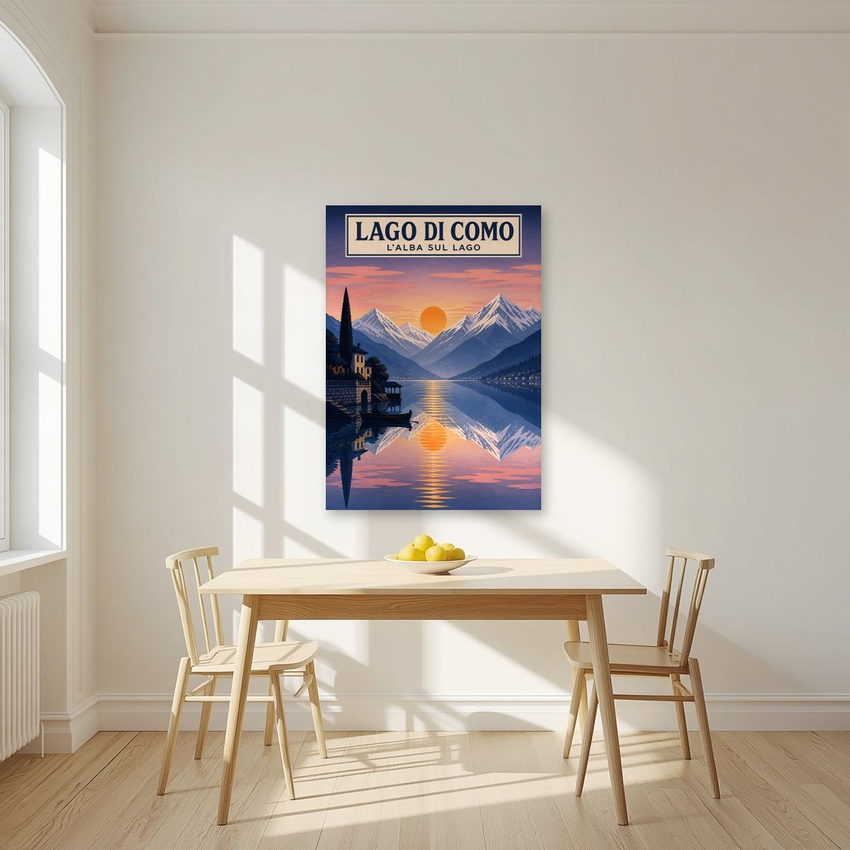 L'Alba Sul Lago — Lake Como art print, unframed poster, styled in a kitchen