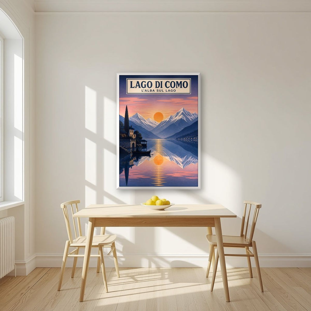 L'Alba Sul Lago — Lake Como art print, in a white frame, styled in a kitchen