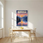 L'Alba Sul Lago — Lake Como art print, in a white frame, styled in a kitchen
