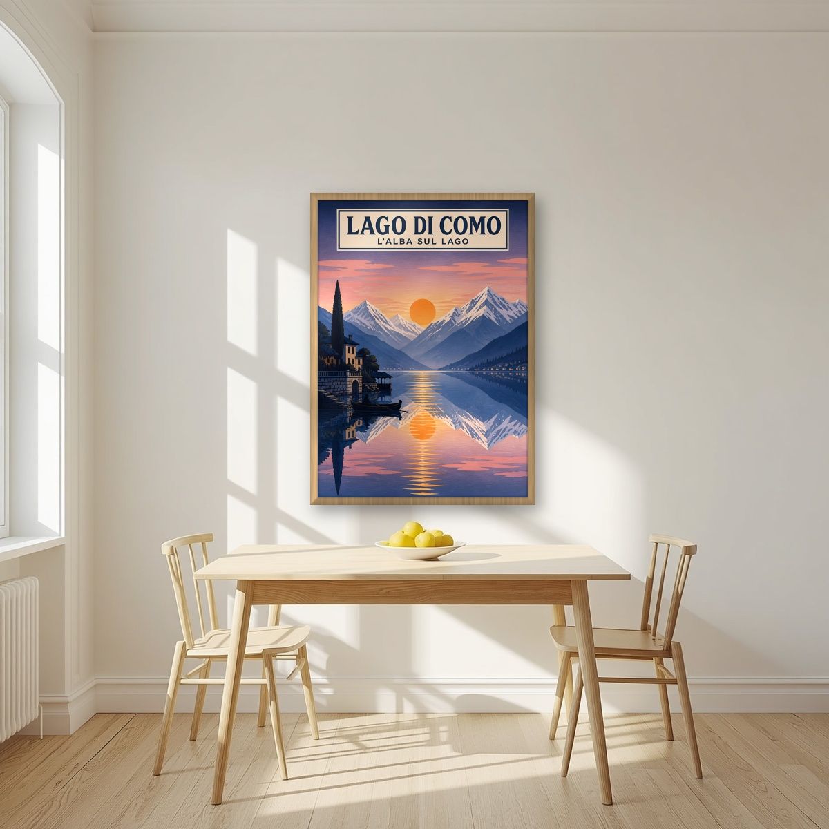 L'Alba Sul Lago — Lake Como art print, in an oak frame, styled in a kitchen