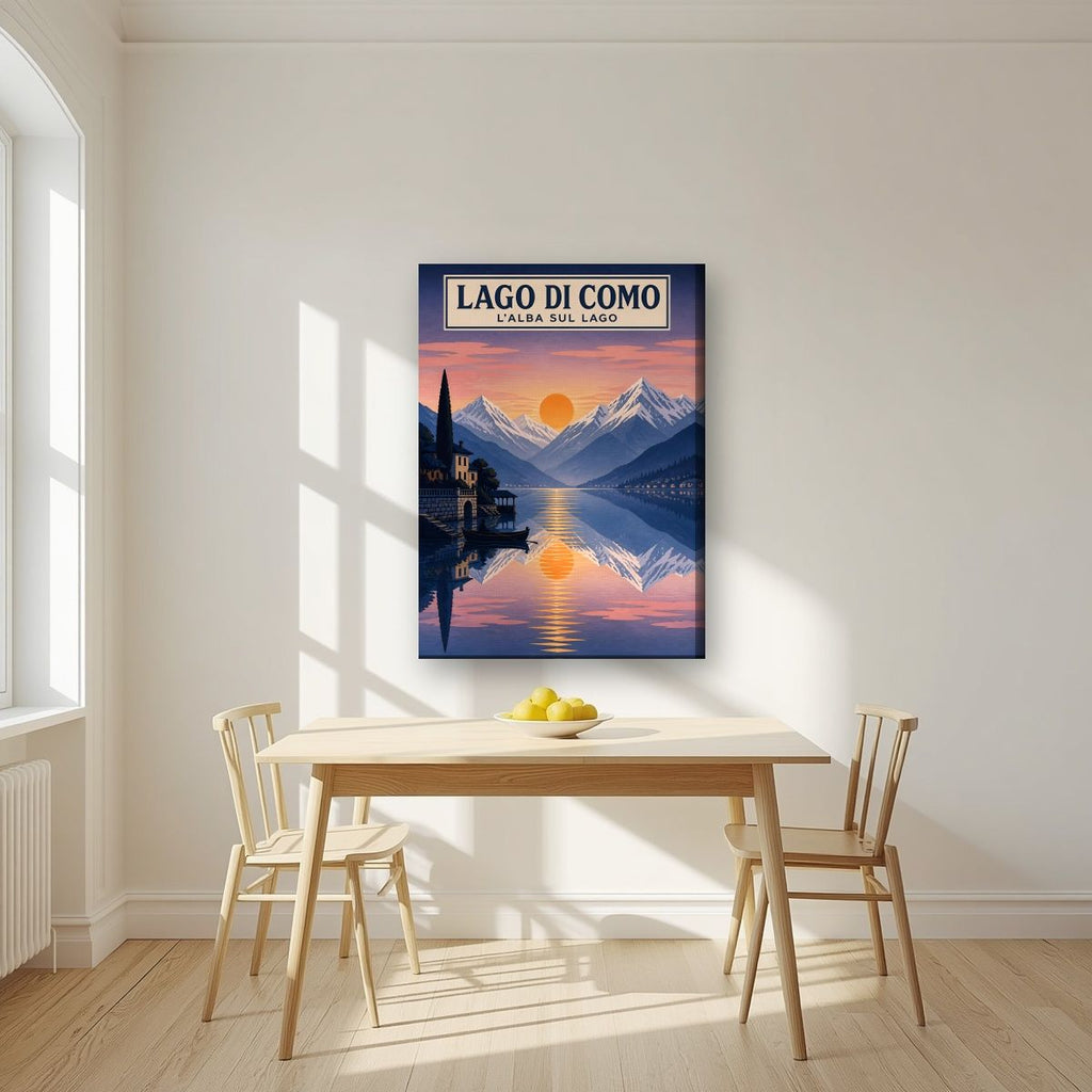 L'Alba Sul Lago — Lake Como art print, on slim canvas, styled in a kitchen