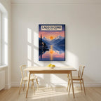 L'Alba Sul Lago — Lake Como art print, on slim canvas, styled in a kitchen