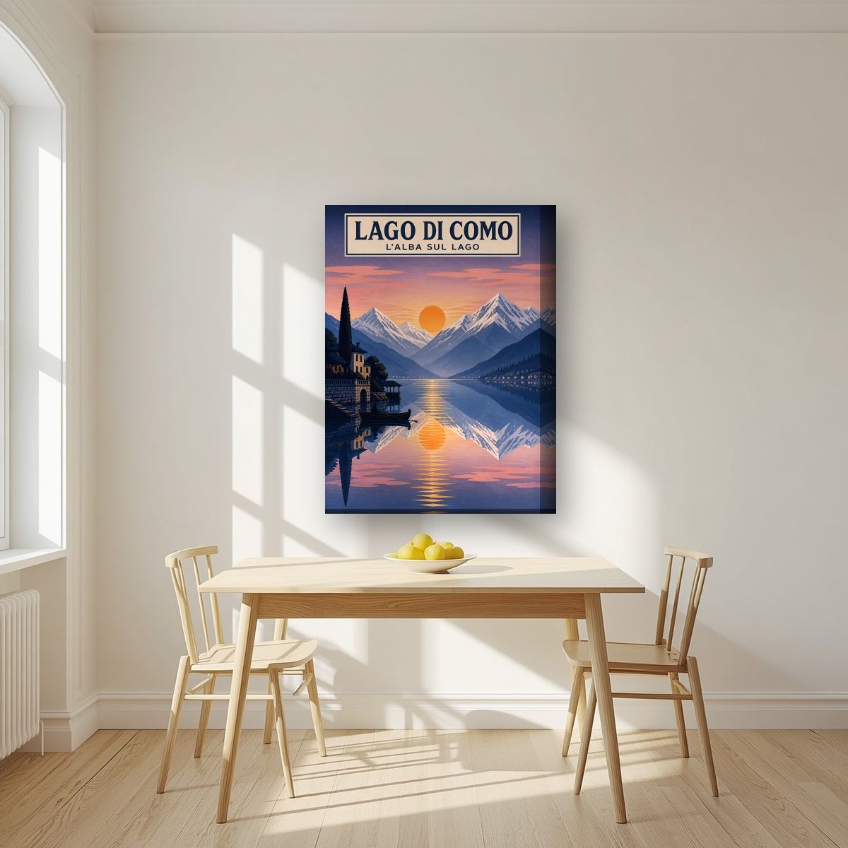 L'Alba Sul Lago — Lake Como art print, on thick canvas, styled in a kitchen