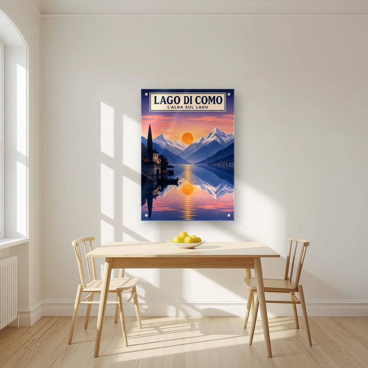 L'Alba Sul Lago — Lake Como art print, as an acrylic print, styled in a kitchen