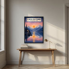L'Alba Sul Lago — Lake Como art print, in a black frame, styled in a desk