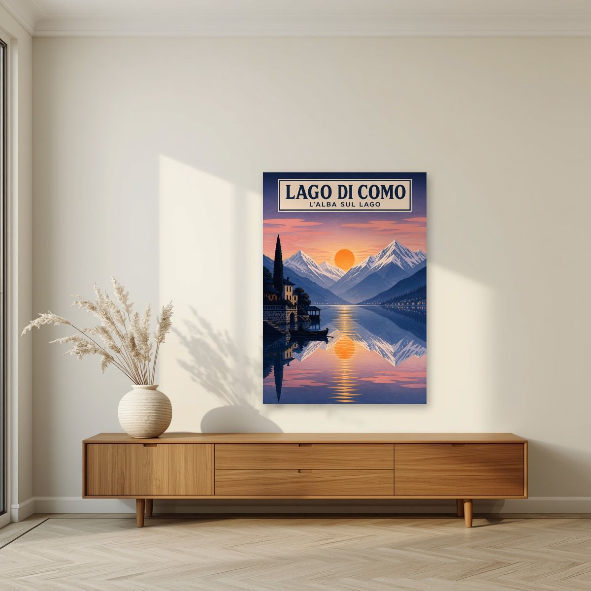 L'Alba Sul Lago — Lake Como art print, unframed poster, styled in a living room