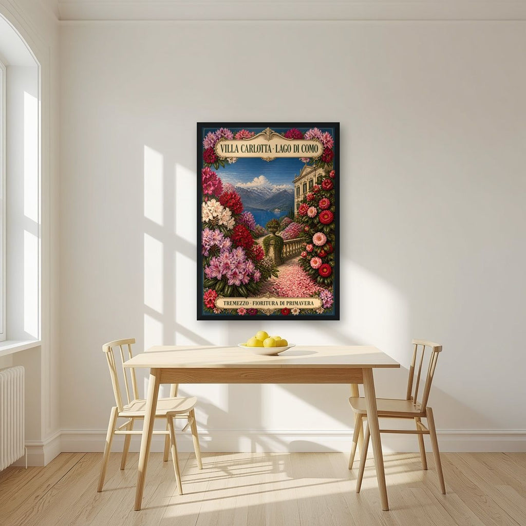 Villa Carlotta — Lake Como art print, in a black frame, styled in a kitchen