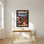 Villa Carlotta — Lake Como art print, in a black frame, styled in a kitchen