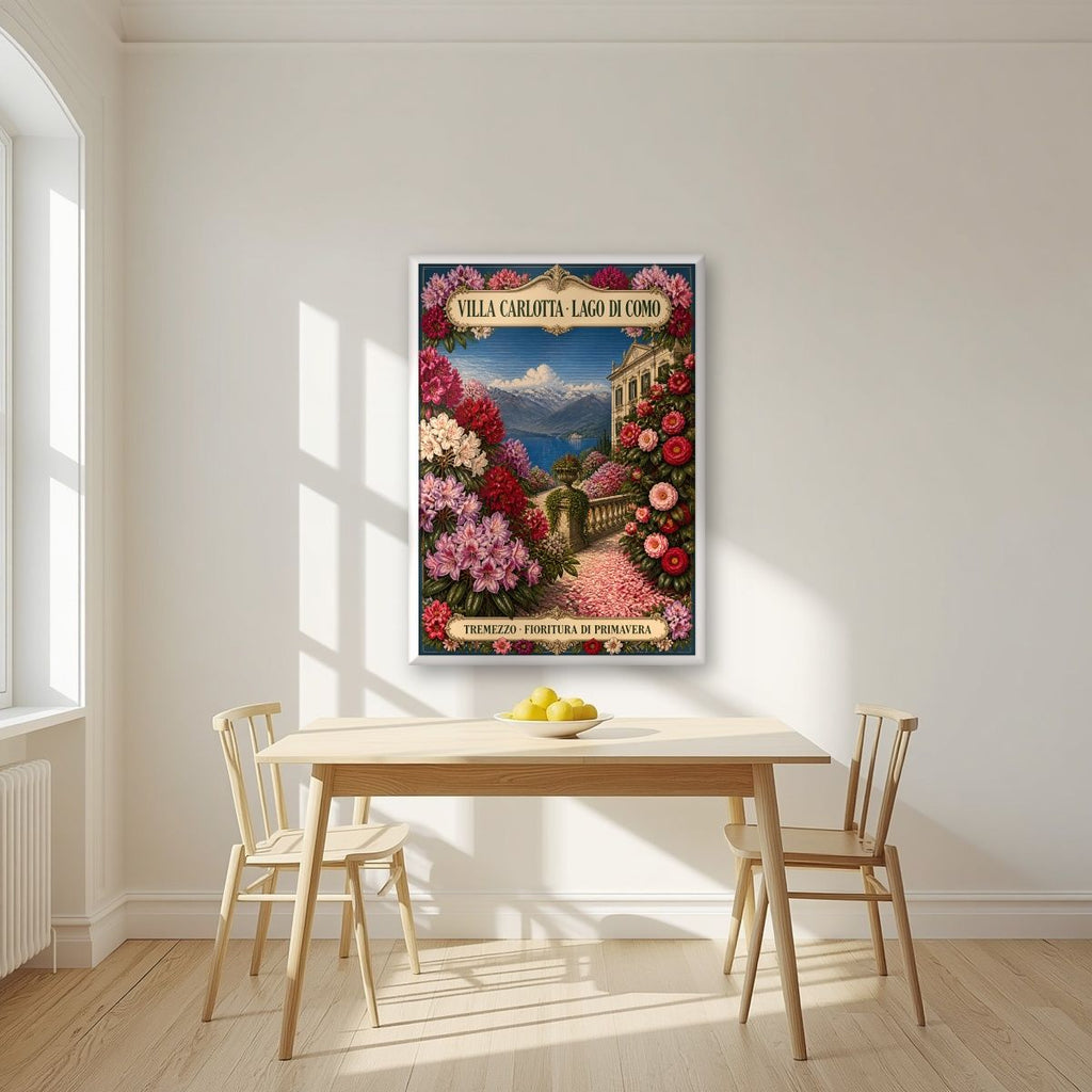 Villa Carlotta — Lake Como art print, in a white frame, styled in a kitchen