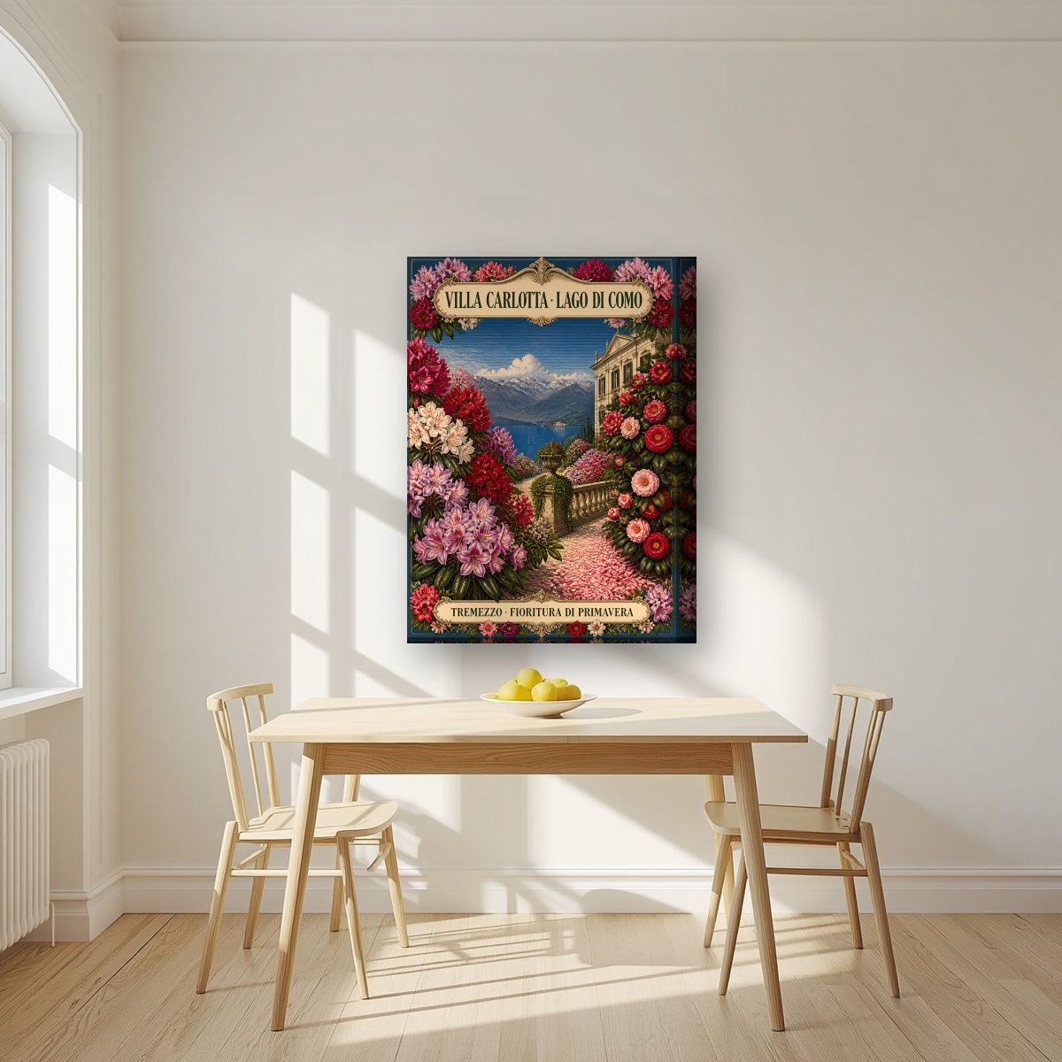 Villa Carlotta — Lake Como art print, on thick canvas, styled in a kitchen