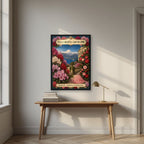 Villa Carlotta — Lake Como art print, in a black frame, styled in a desk
