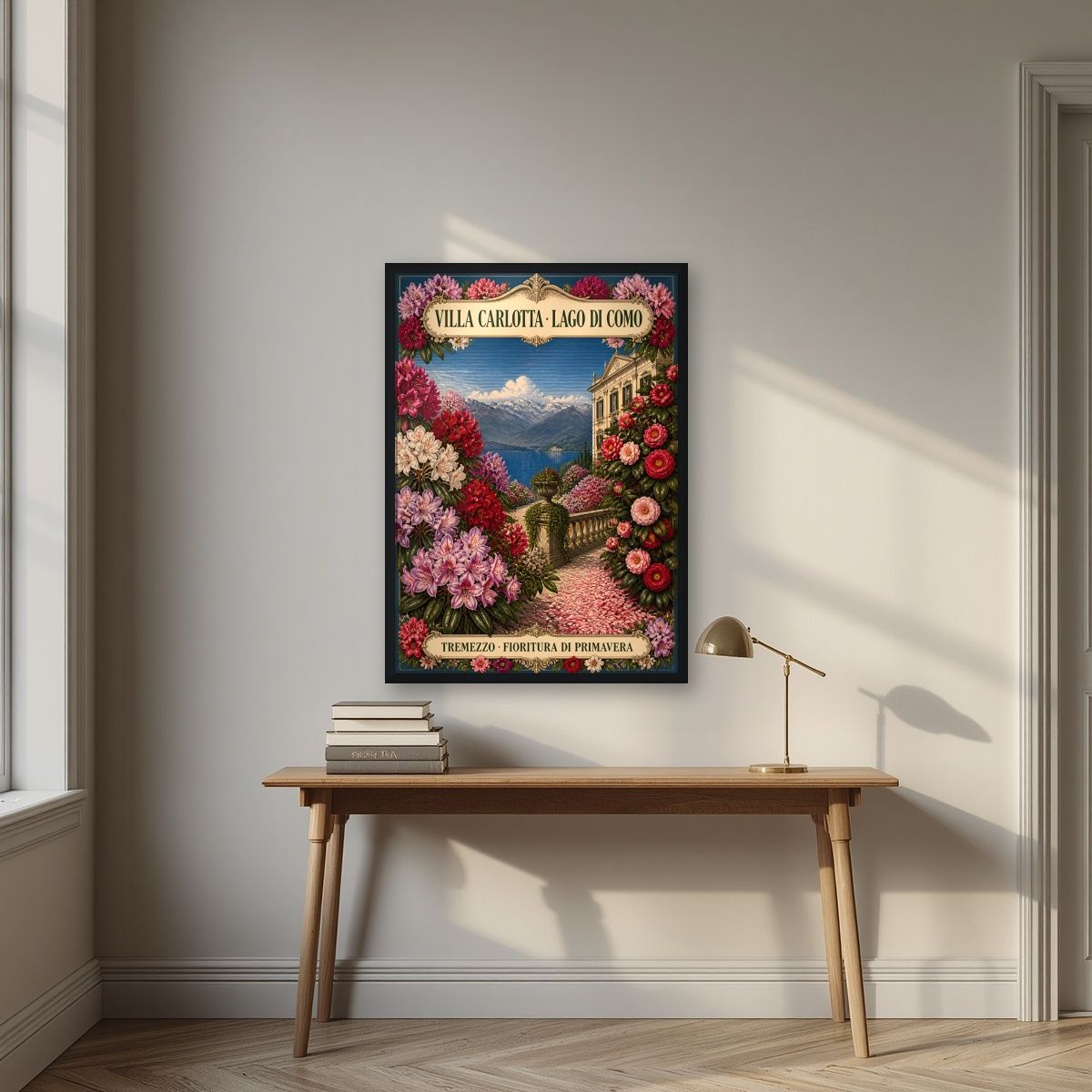 Villa Carlotta — Lake Como art print, in a black frame, styled in a desk