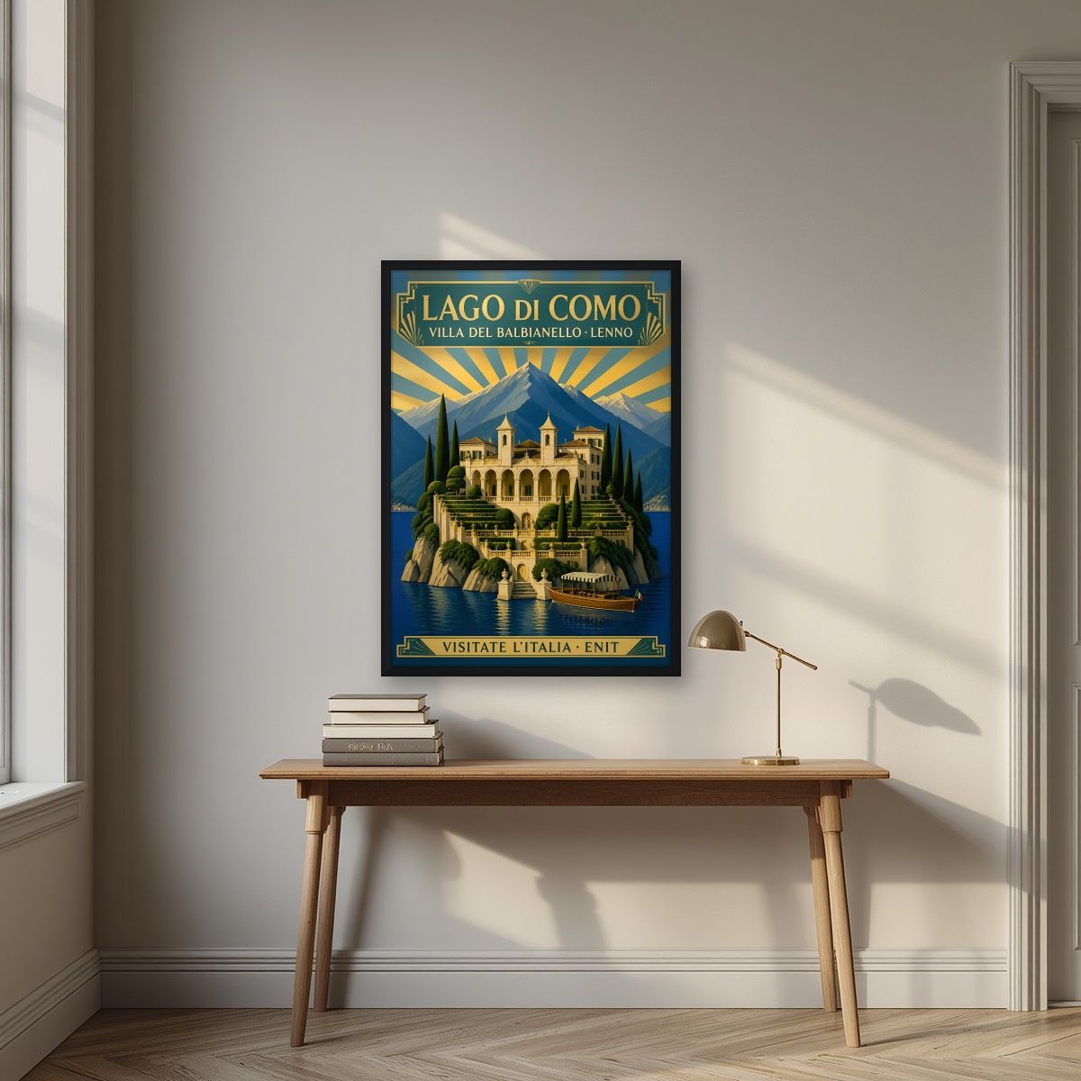 Villa Del Balbianello — Lake Como art print, in a black frame, styled in a desk