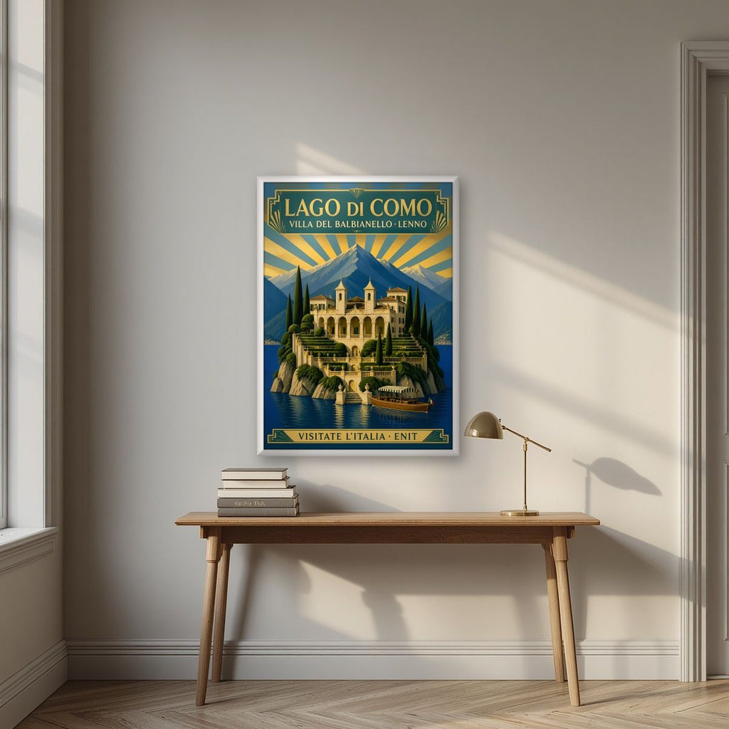 Villa Del Balbianello — Lake Como art print, in a white frame, styled in a desk