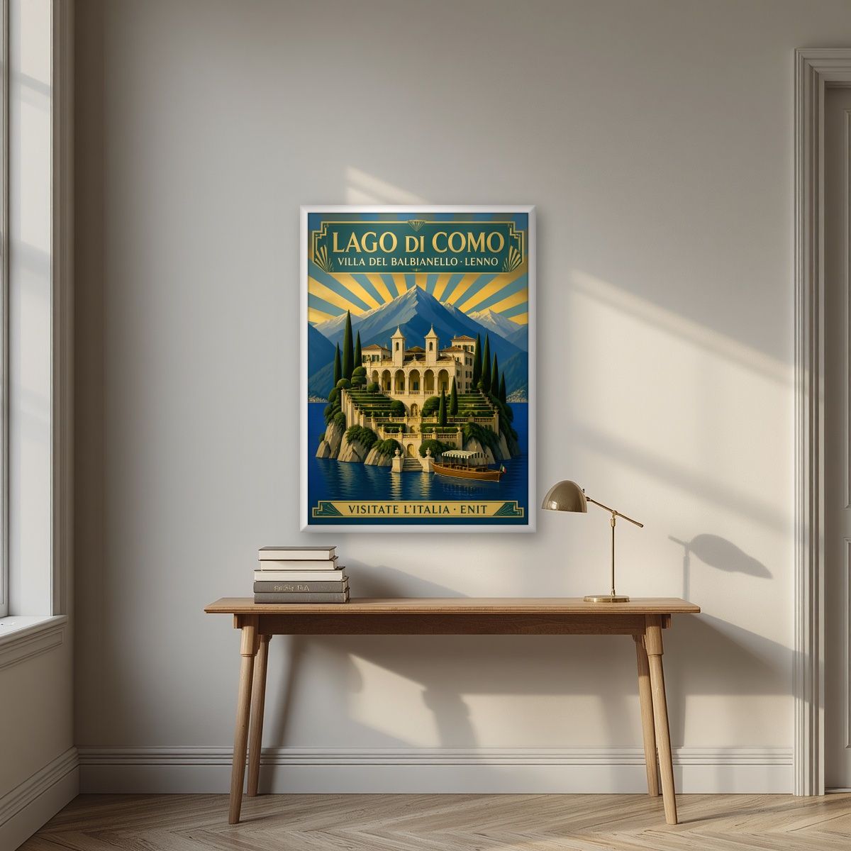 Villa Del Balbianello — Lake Como art print, in a white frame, styled in a desk