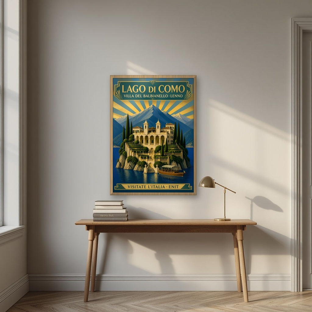Villa Del Balbianello — Lake Como art print, in an oak frame, styled in a desk