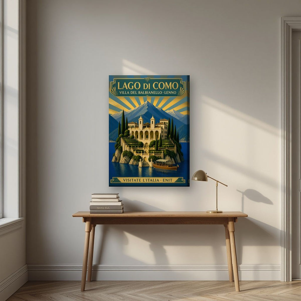 Villa Del Balbianello — Lake Como art print, on slim canvas, styled in a desk