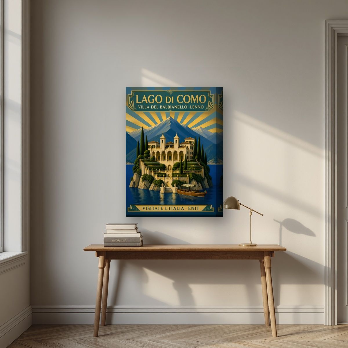 Villa Del Balbianello — Lake Como art print, on thick canvas, styled in a desk