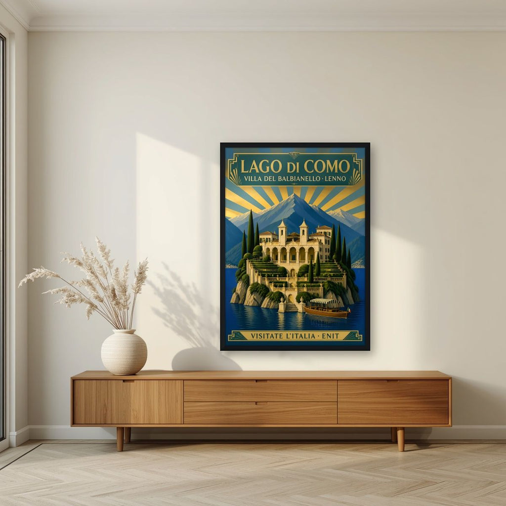 Villa Del Balbianello — Lake Como art print, in a black frame, styled in a living room