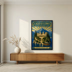 Villa Del Balbianello — Lake Como art print, in a black frame, styled in a living room