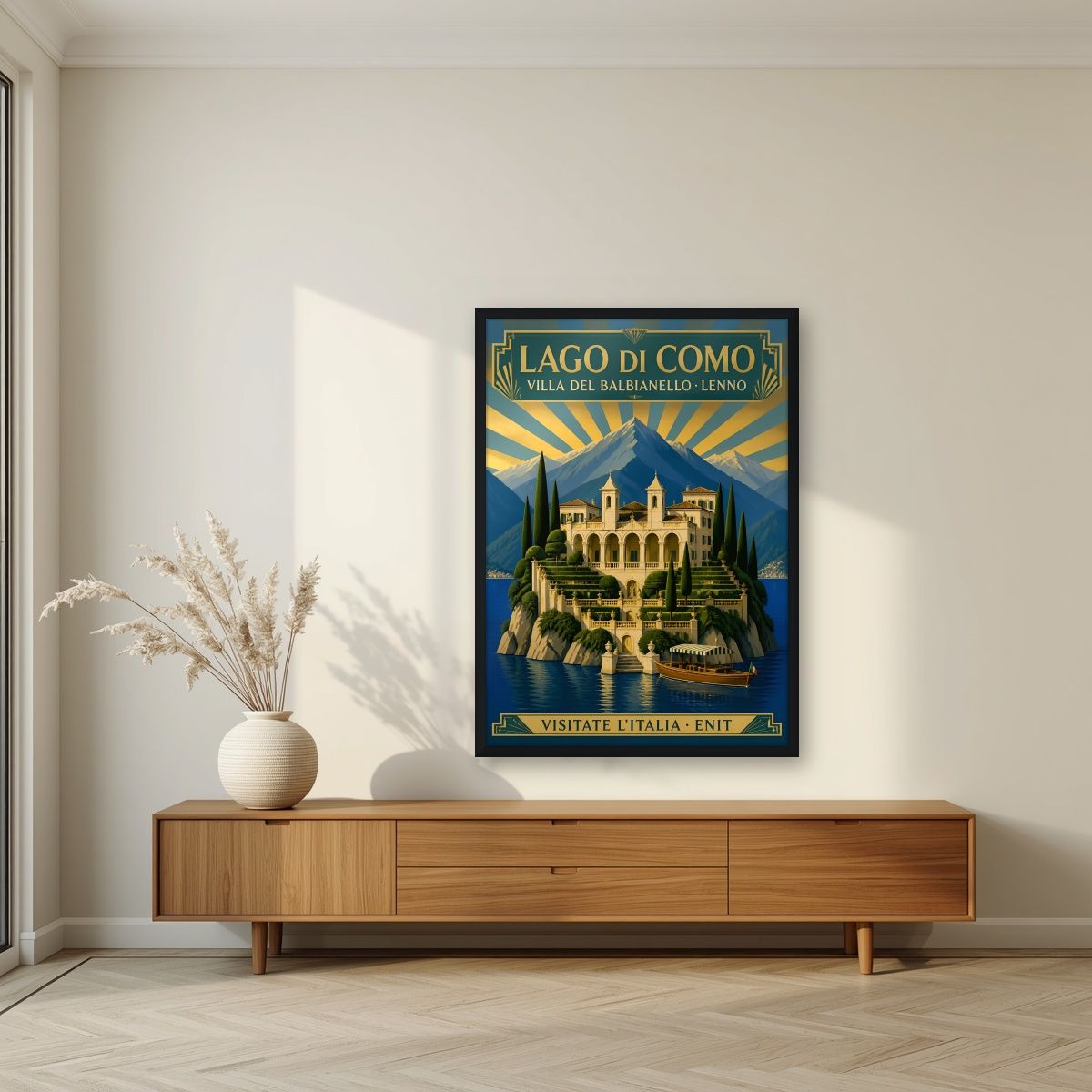 Villa Del Balbianello — Lake Como art print, in a black frame, styled in a living room