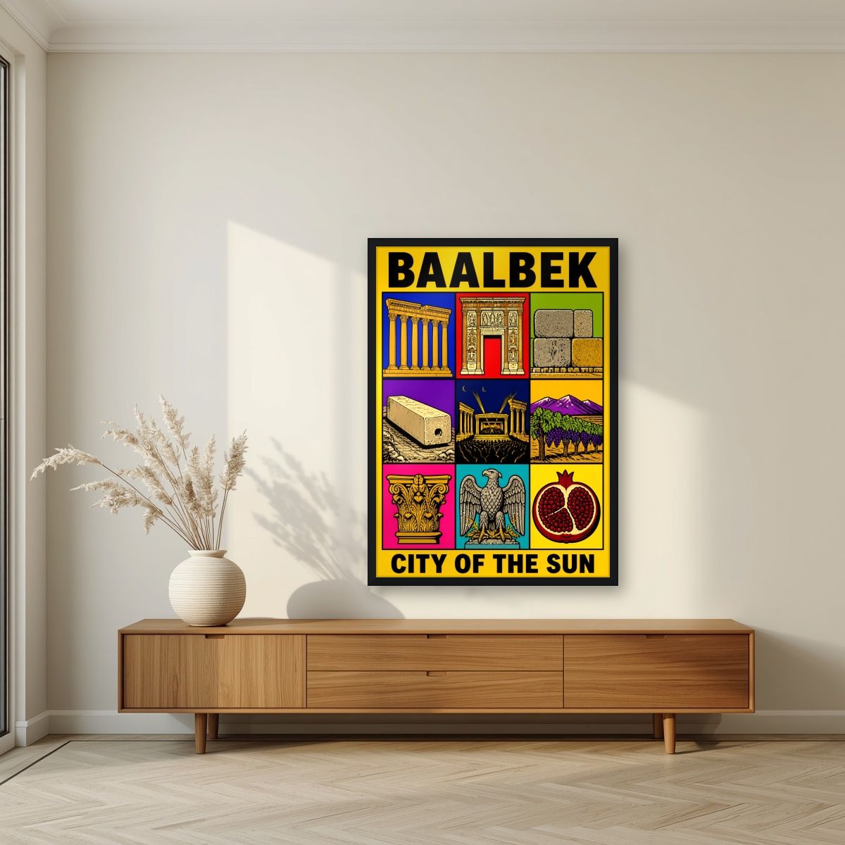 Bekaa Icons — Baalbek art print, in a black frame, styled in a living room