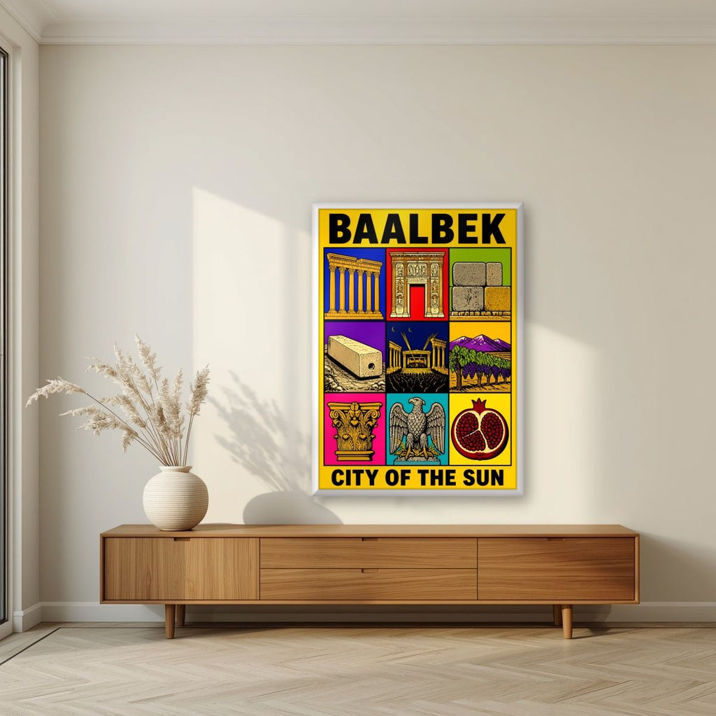 Bekaa Icons — Baalbek art print, in a white frame, styled in a living room