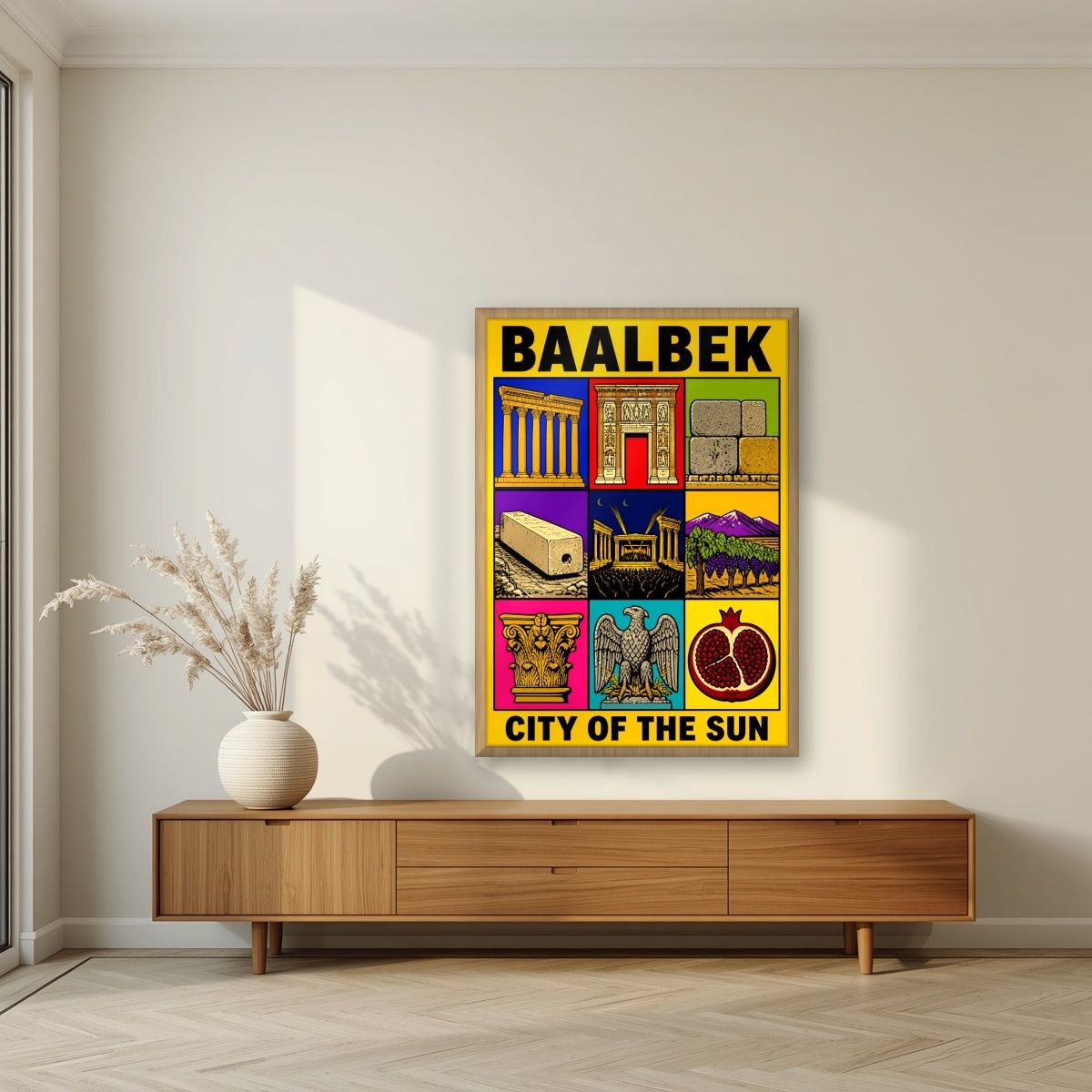 Bekaa Icons — Baalbek art print, in an oak frame, styled in a living room