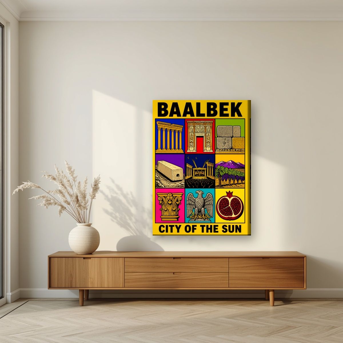 Bekaa Icons — Baalbek art print, on slim canvas, styled in a living room