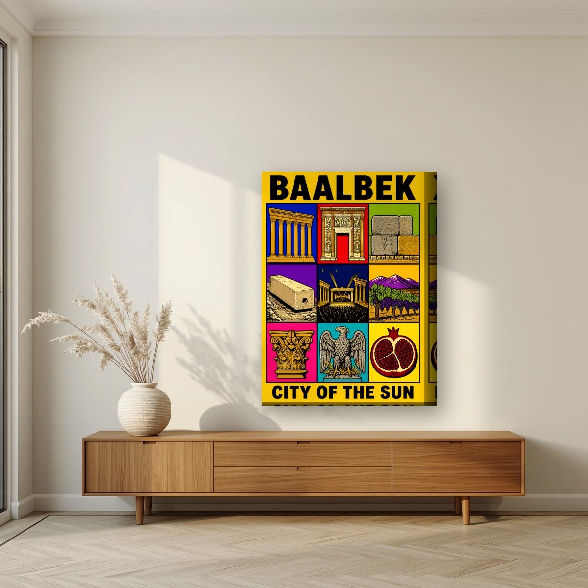 Bekaa Icons — Baalbek art print, on thick canvas, styled in a living room