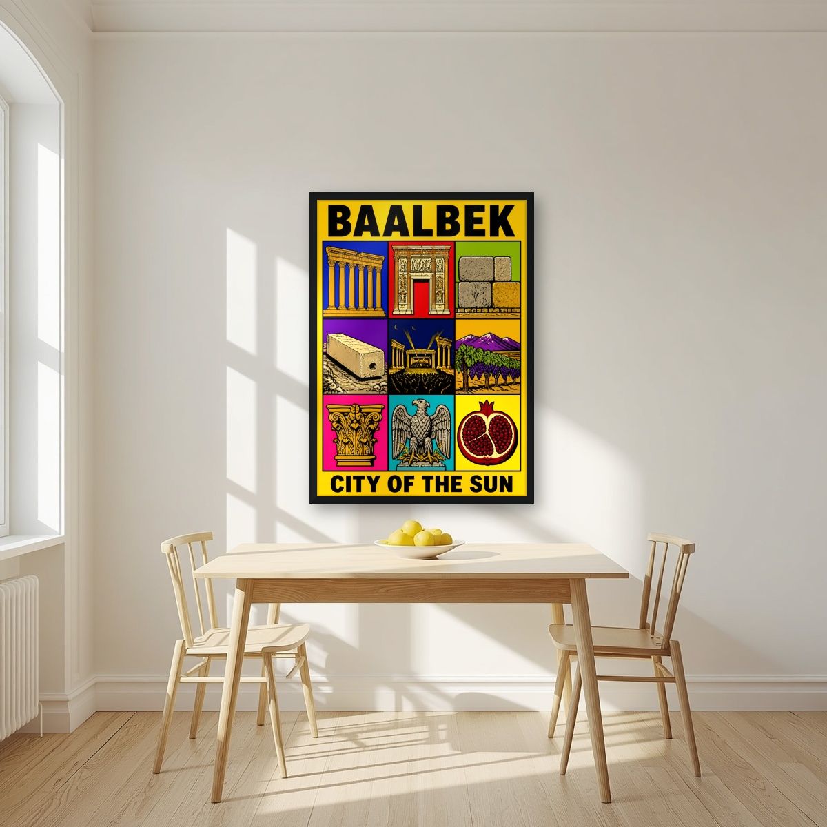 Bekaa Icons — Baalbek art print, in a black frame, styled in a kitchen