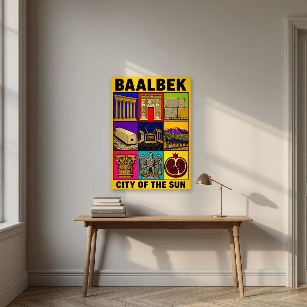 Bekaa Icons — Baalbek art print, unframed poster, styled in a desk
