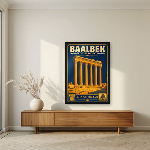 Columns of Jupiter — Baalbek art print, in a black frame, styled in a living room