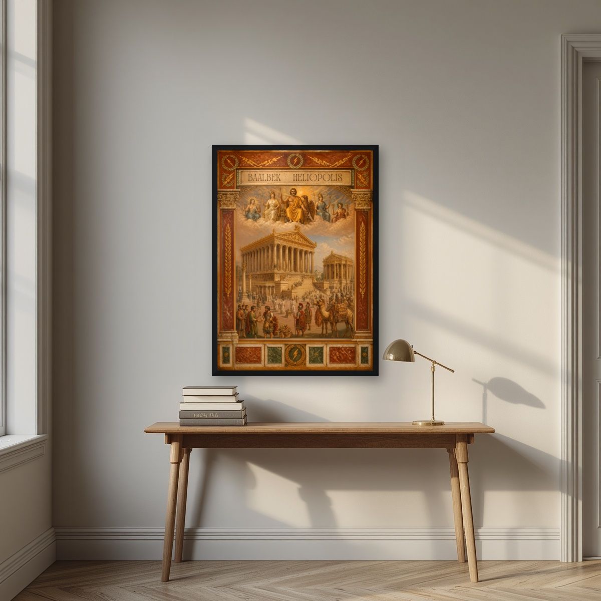 Heliopolis — Baalbek art print, in a black frame, styled in a desk
