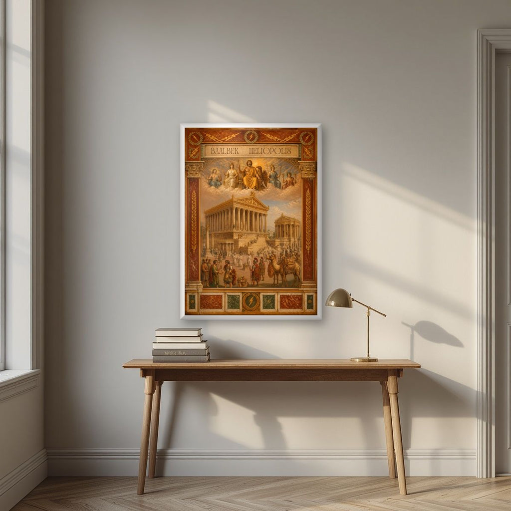 Heliopolis — Baalbek art print, in a white frame, styled in a desk