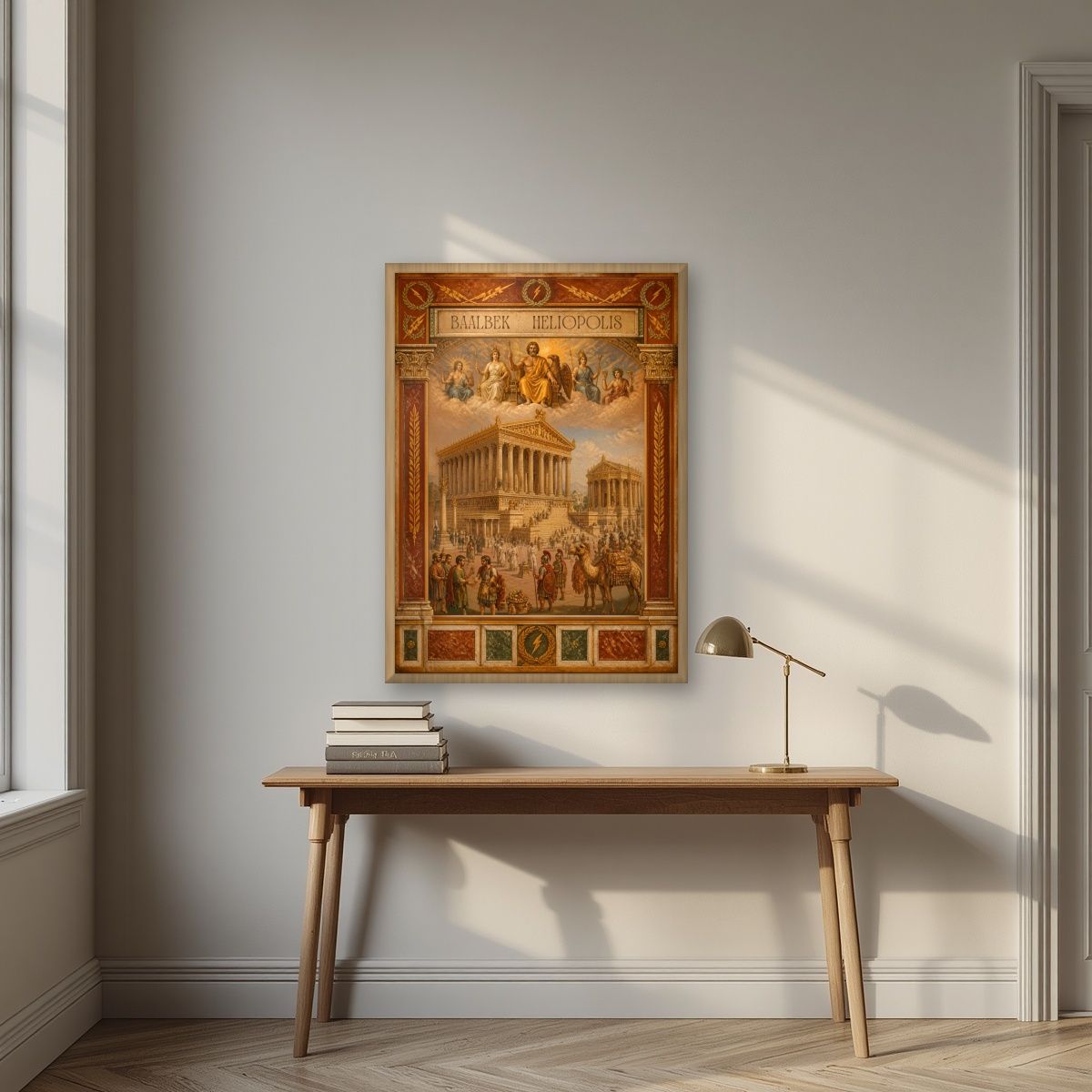 Heliopolis — Baalbek art print, in an oak frame, styled in a desk
