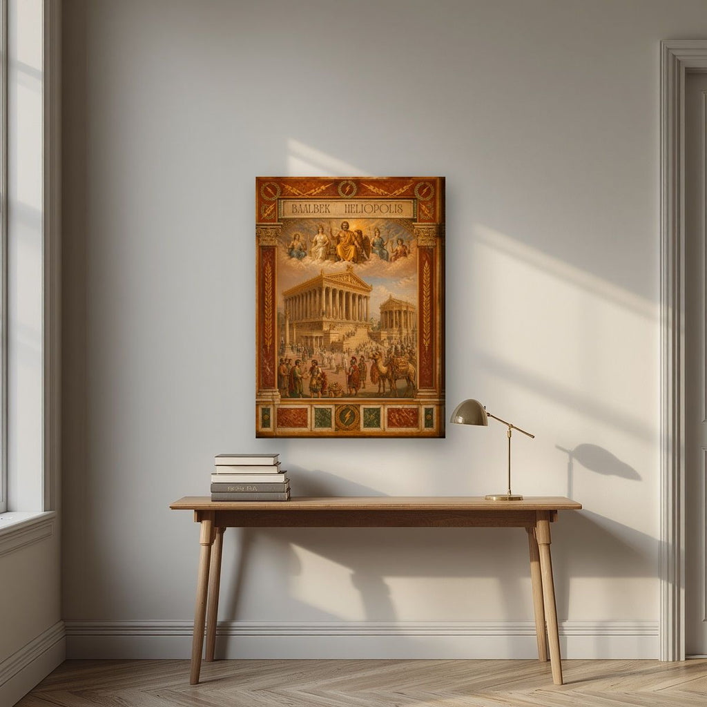 Heliopolis — Baalbek art print, on slim canvas, styled in a desk
