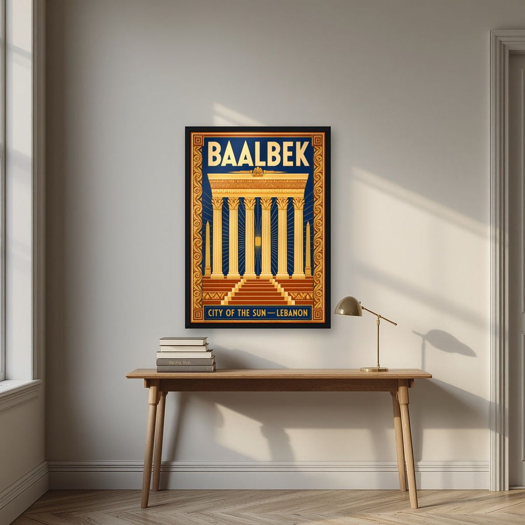 Madinat al-Shams — Baalbek art print, in a black frame, styled in a desk