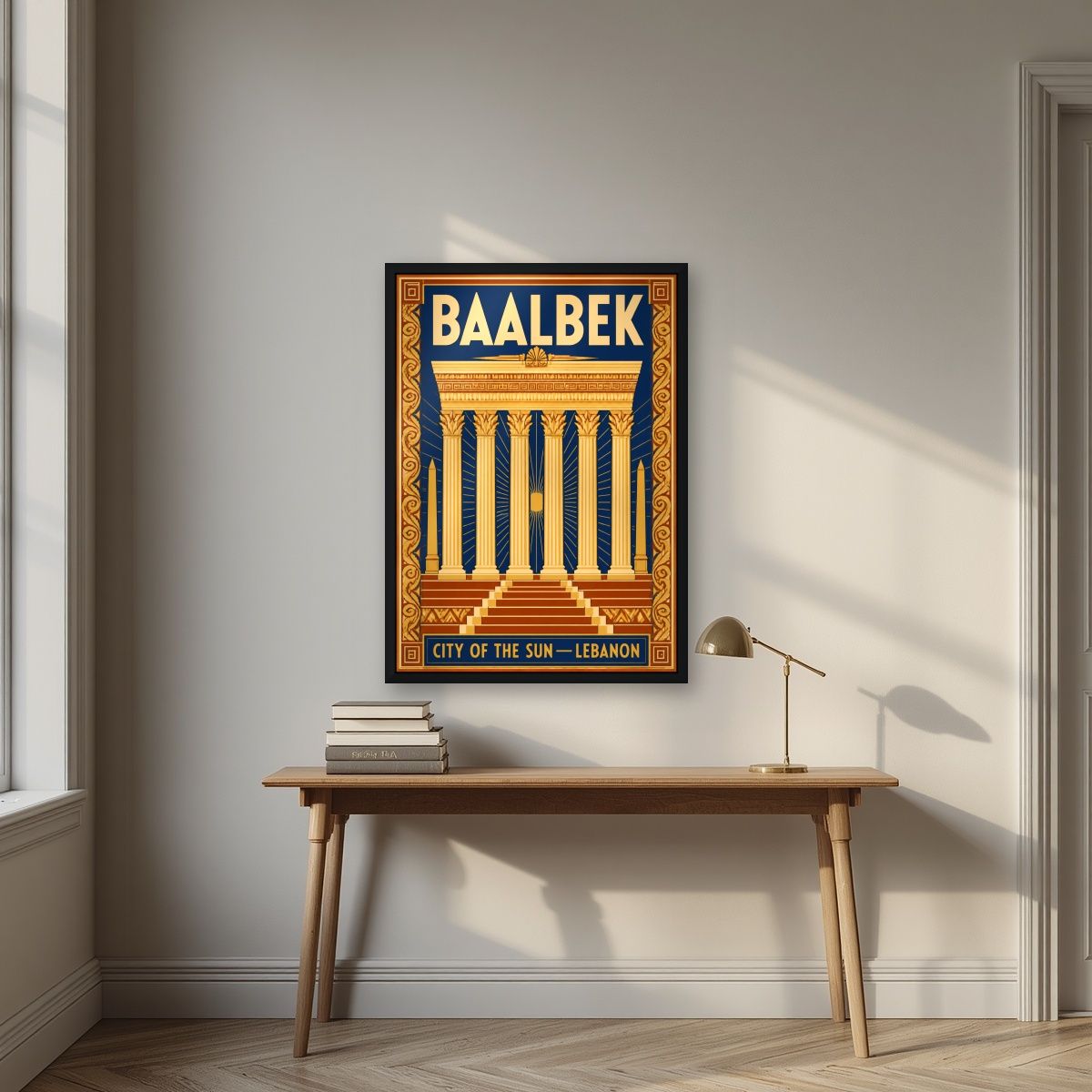 Madinat al-Shams — Baalbek art print, in a black frame, styled in a desk