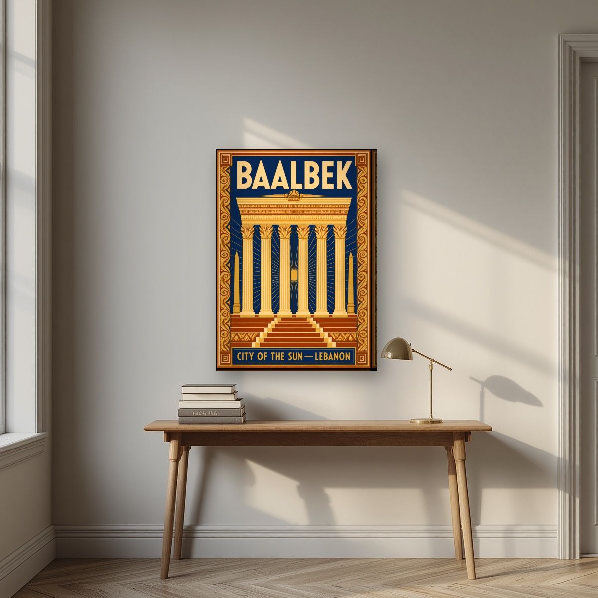 Madinat al-Shams — Baalbek art print, on slim canvas, styled in a desk