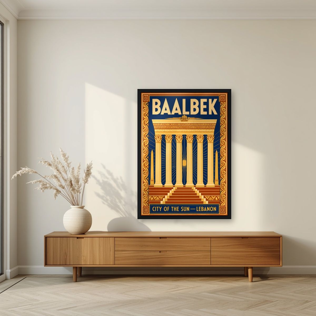 Madinat al-Shams — Baalbek art print, in a black frame, styled in a living room