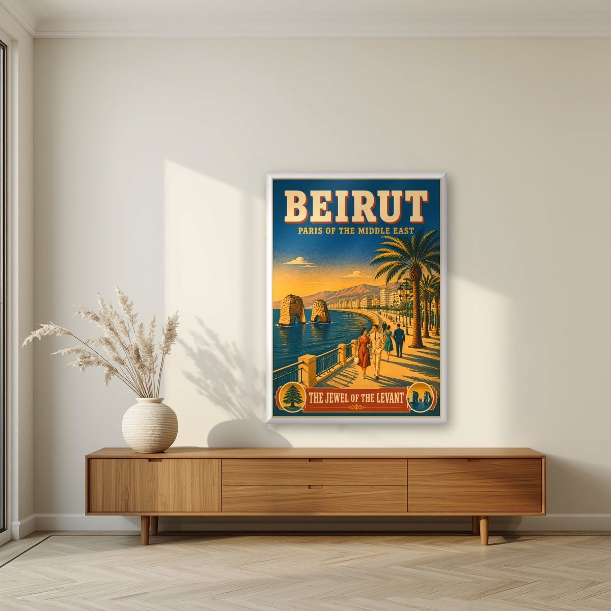 Al Kornish — Beirut art print, in a white frame, styled in a living room