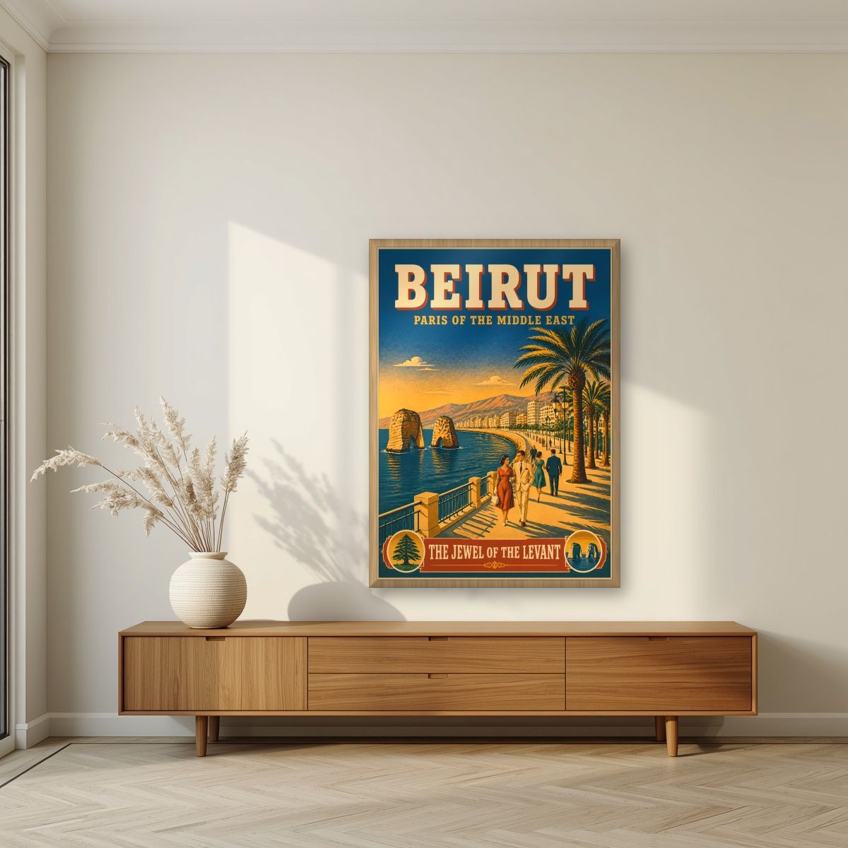 Al Kornish — Beirut art print, in an oak frame, styled in a living room