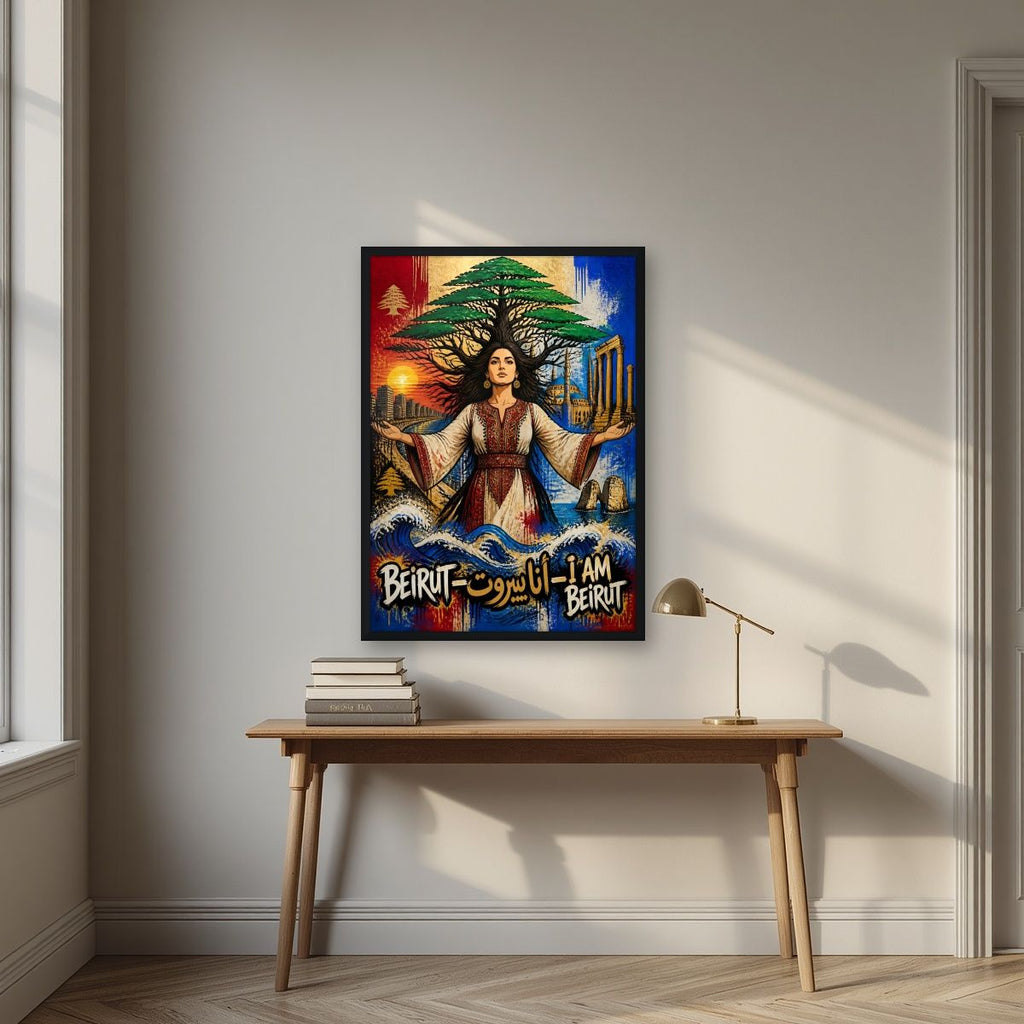 Bint al Arz — Beirut art print, in a black frame, styled in a desk