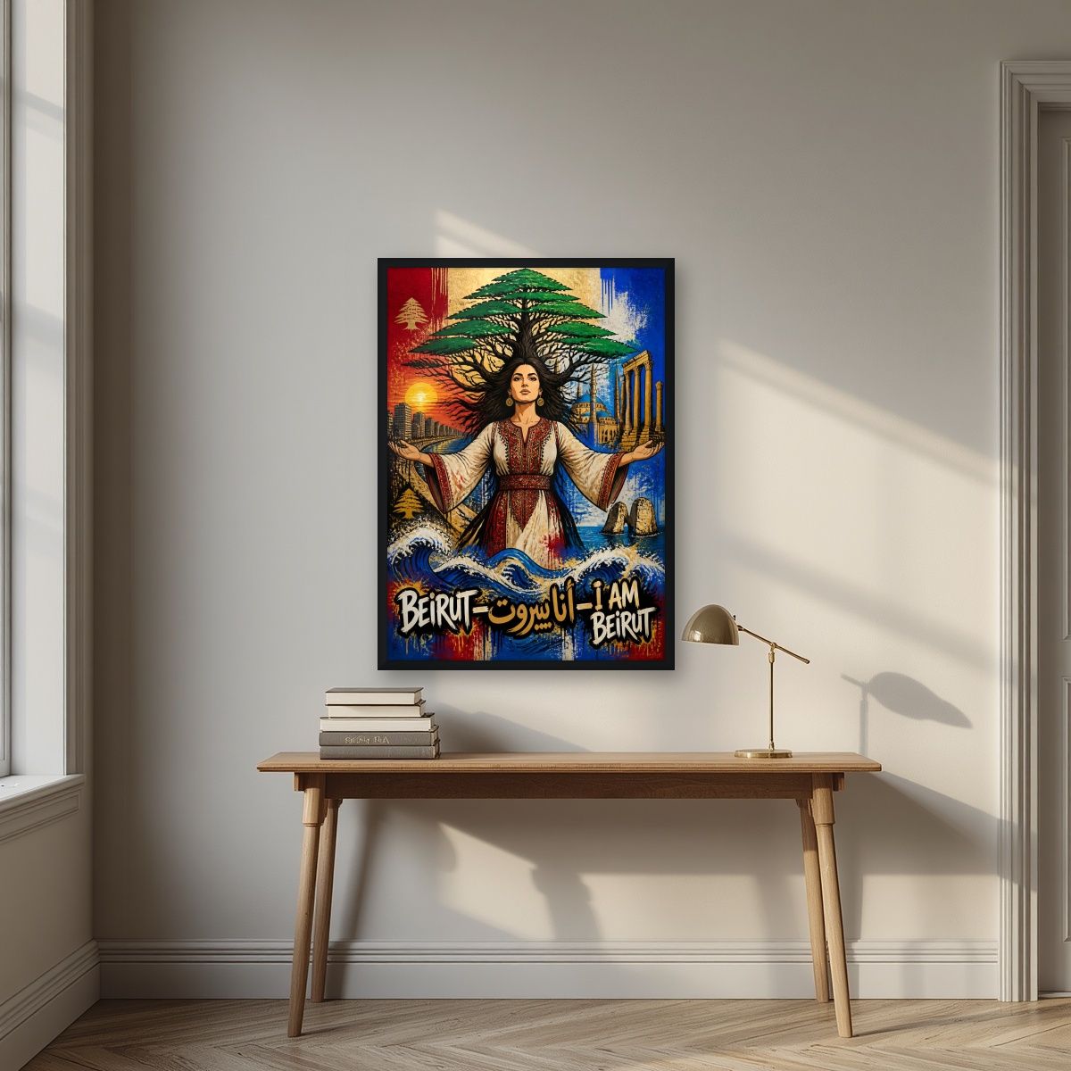 Bint al Arz — Beirut art print, in a black frame, styled in a desk