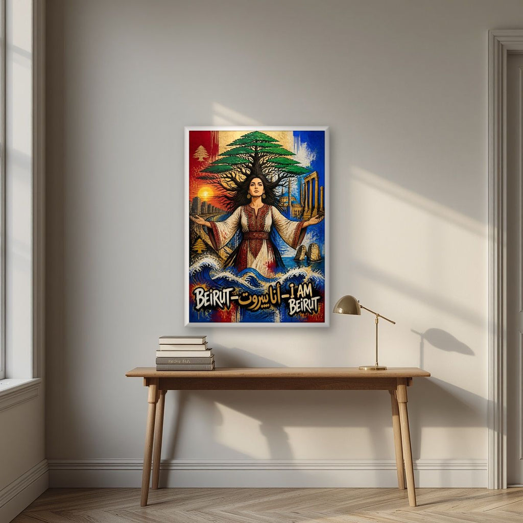 Bint al Arz — Beirut art print, in a white frame, styled in a desk
