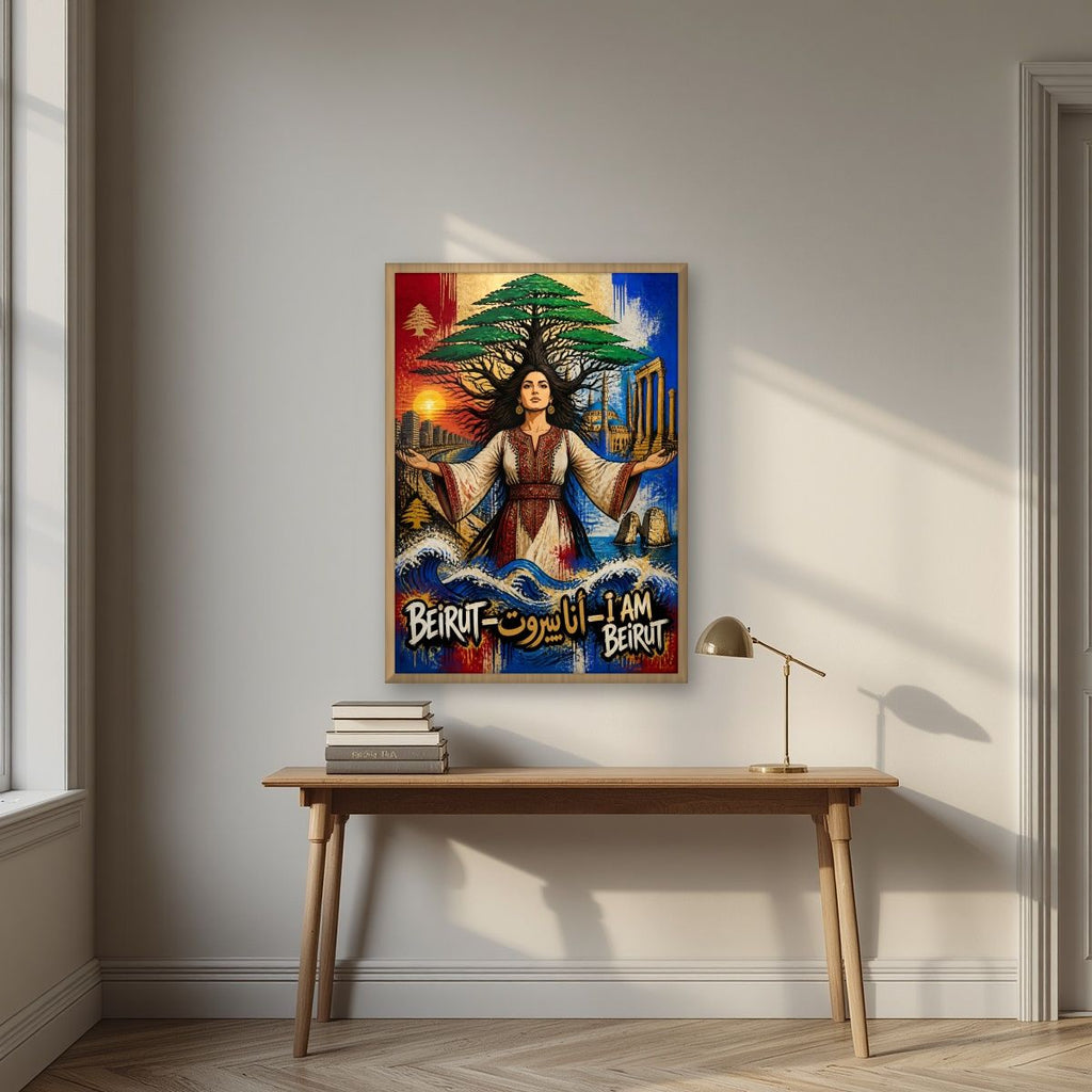Bint al Arz — Beirut art print, in an oak frame, styled in a desk