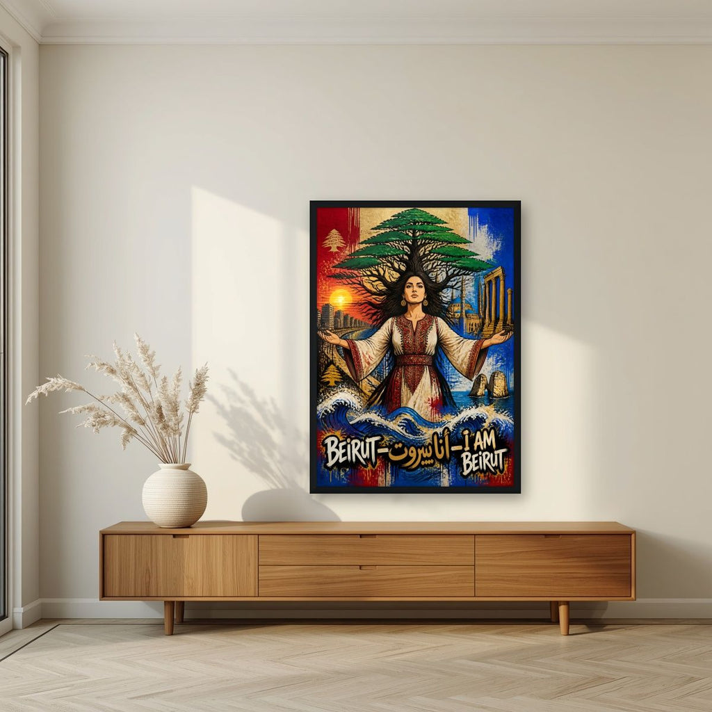 Bint al Arz — Beirut art print, in a black frame, styled in a living room