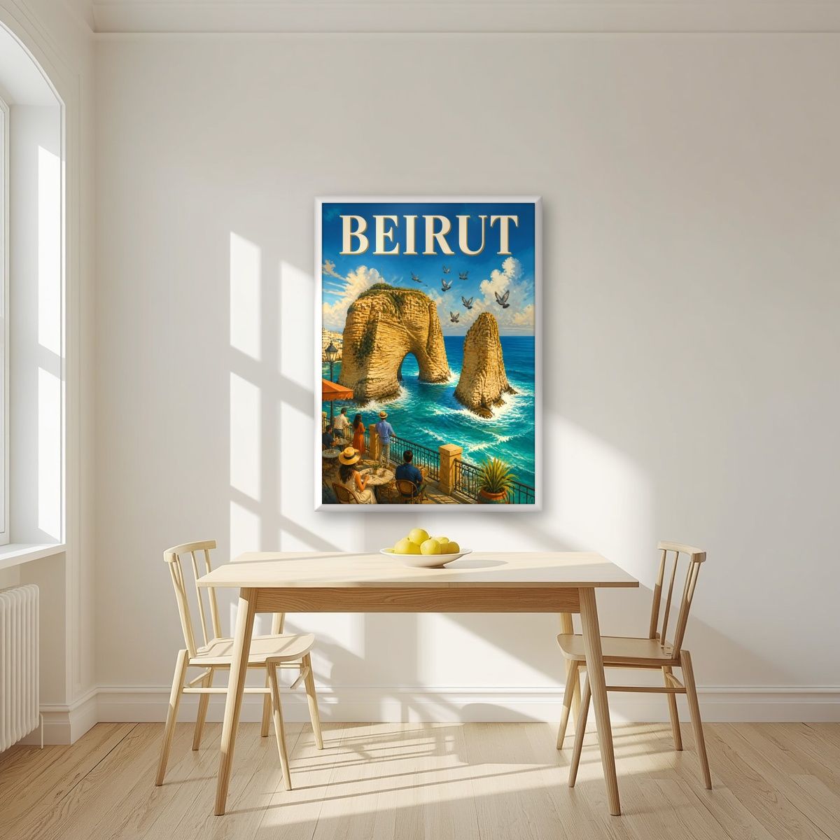 Cafe Raouche — Beirut art print, in a white frame, styled in a kitchen