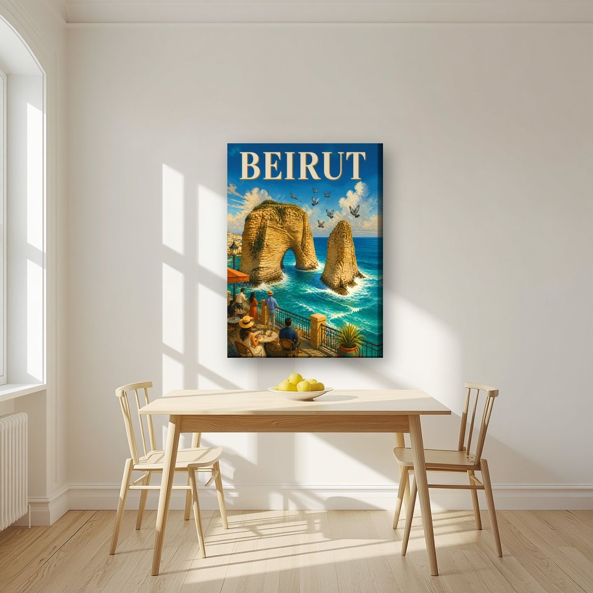 Cafe Raouche — Beirut art print, on slim canvas, styled in a kitchen